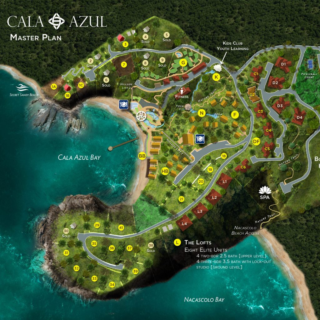 Cala Azul Nicaragua overall site map and plan for existing houses, lots, and condos.